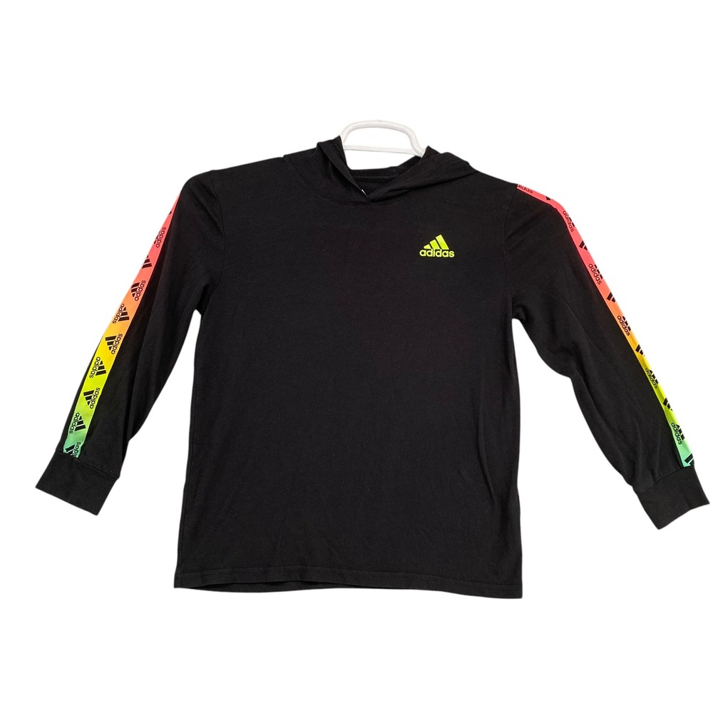 Adidas Hoodie Long Sleeve Rainbow Logo Black Top Activewear‎ Kids Size S